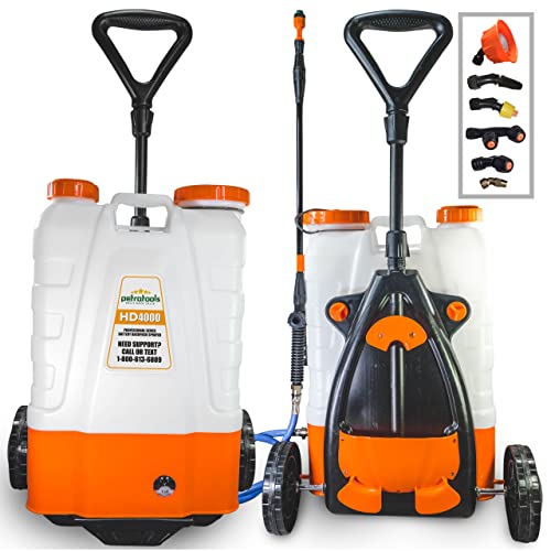 PetraTools 4 Gallon Battery Powered Backpack Sprayer with Cart – Extended Spray Time Long-Life Battery - New HD Wand Included, Wide Mouth Lid, Multiple Nozzles & Battery Included