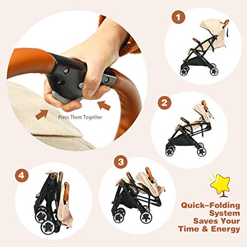 BABY JOY Lightweight Baby Stroller, Compact Toddler Travel Stroller for Airplane, Infant Stroller w/ 5-Point Harness, Adjustable Backrest/Footrest/Canopy, Storage Basket, Easy One-Hand Fold, Beige