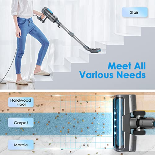 Oraimo Stick Vacuum, 600W Corded Stick Vacuum with LED Motorized Floor Brush, 6 in 1 Vacuum Cleaner with 29.5 Ft Cable, Powerful Vacuum for Middle-Pile Carpet, Marble, Hard Floor, Tile Cleaning