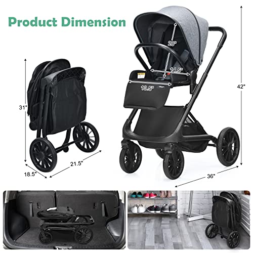 INFANS Baby Stroller for Toddler, Quick-Fold Infant Stroller with Reversible Seat, Hard Plate, Air Rod Folding, Aluminum Frame, 5-Point Harness, Adjustable Handle and Footrest