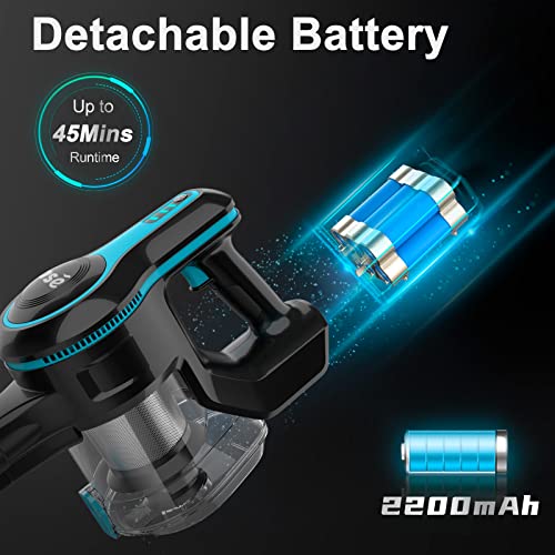 INSE Cordless Vacuum Cleaner, 6-in-1 Rechargeable Stick Vacuum with 2200 m-A-h Battery, Powerful Lightweight Vacuum Cleaner, Up to 45 Mins Runtime, for Home Hard Floor Carpet Pet Hair- N5S Azure