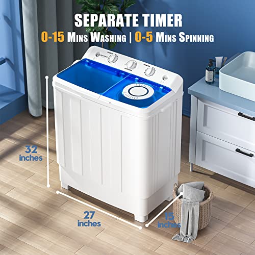 Auertech Portable Washing Machine, 28lbs Mini Twin Tub Washer Compact Laundry Machine with drain dump, Time Control, Semi-automatic 18lbs Washer 10lbs Spinner for Dorms, Apartments, RVs (28 lbs)