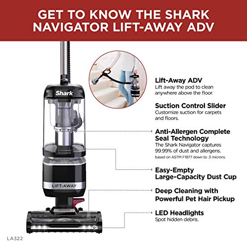 Shark LA322 Navigator Lift-Away ADV Corded Lightweight Upright Vacuum with Detachable Pod Pet Power Brush Crevice and Upholstery Tool, Black (Renewed)