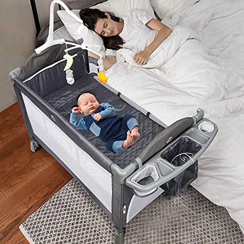 Lovinouse 5 in 1 Baby Bassinet Bedside Sleeper Bed Side Crib with Mattress, Diaper Changer and Hanging Toys, Portable Travel Crib for Girl Boy Infant Newborn (Dark Grey)