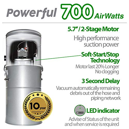 OVO Heavy Duty Powerful Central Vacuum System, Hybrid Filtration (with or Without Disposable Bags) 35L or 9.25Gal, 700 Air watts with 30 ft Carpet Deluxe Accessory Kit, Large Vac, Silver