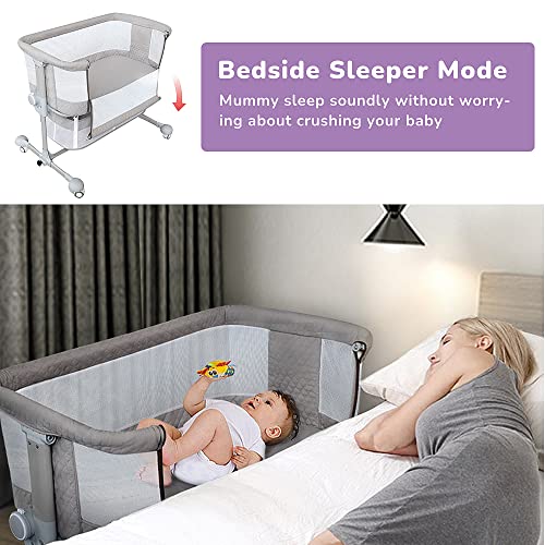 Baby Bassinets Bedside Sleeper, Bedside Crib 3 in 1 Adjustable Travel Baby Bed with Breathable Net and Mattress, Easy Folding Portable Bassinet for Baby (Grey)