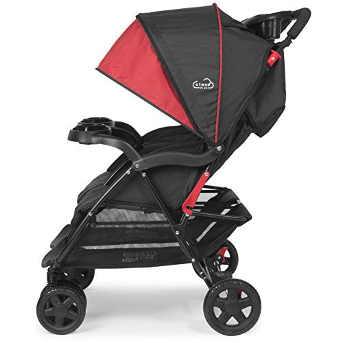 Kolcraft Cloud Plus Lightweight Double Stroller with Reclining Seats & Extendable Canopies, Red/Black