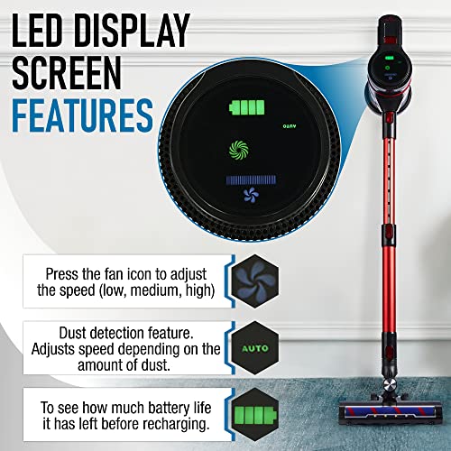 Britech Cordless Lightweight Stick Vacuum Cleaner, 250W Motor for Powerful Suction 30min Runtime, LED Display Screen & Headlights, Great for Carpet Cleaner, Hardwood Floor & Pet Hair (Red)
