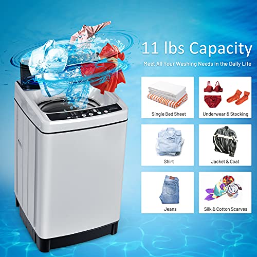 COSTWAY Portable Washing Machine, 11Lbs Capacity Full-automatic Washer with 8 Wash Programs, LED Display, 10 Water Levels, Compact Laundry Washer and Dryer Combo for Apartment, Dorm (Grey)