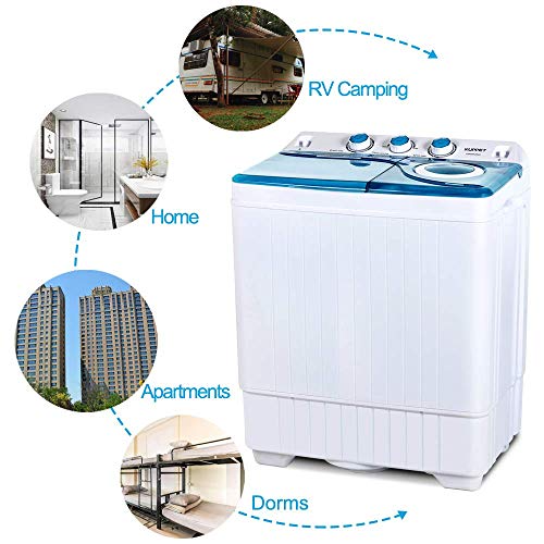 Topvendor 26Lbs Portable Compact Mini Twin Tub Washing Machine with Built-in Drain Pump,Semi-Automatic,Washer(18lbs)&Spiner(8lbs) (White&Blue)