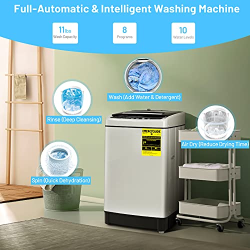 COSTWAY Portable Washing Machine, 11Lbs Capacity Full-automatic Washer with 8 Wash Programs, LED Display, 10 Water Levels, Compact Laundry Washer and Dryer Combo for Apartment, Dorm (Grey)