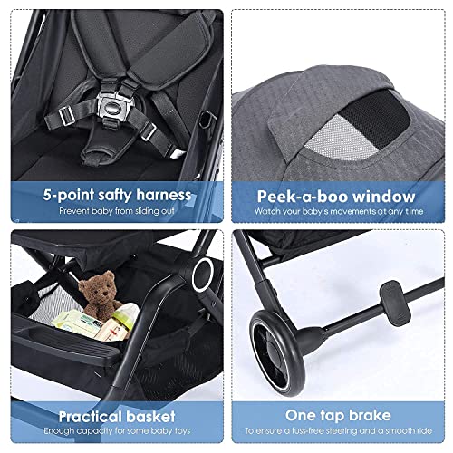 Wheelive Lightweight Baby Stroller, One Hand Easy Fold Compact Travel Stroller with Adjustable Backrest & Storage Basket, Sleep Shade - Infant Stroller for Airplane Travel and More