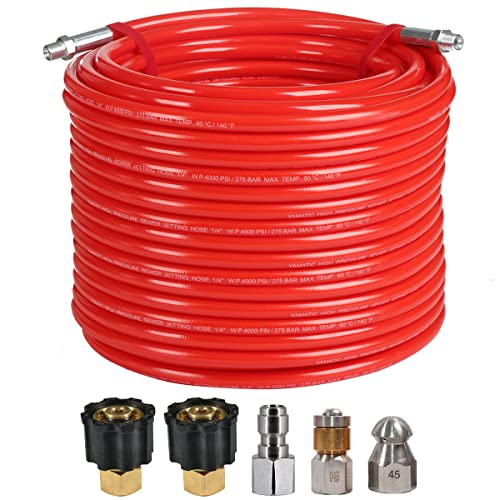 YAMATIC Sewer Jetter Kit for Pressure Washer 100 FT 1/4 Inch NPT Drain Cleaning Hose Button Nose & Rotating Sewer Jetting Nozzle Orifice 4.5, 4000 PSI