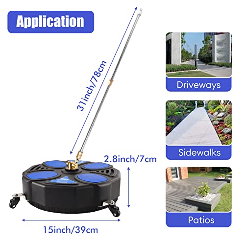 16 Inch Pressure Washer Surface Cleaner with 4 Wheels, Power Washer Accessory with 2 Extension Wand, 2 Replacement Nozzles, Pressure Washer Attachment for Cleaning Driveway, Sidewalk, Patio, 4000 PSI