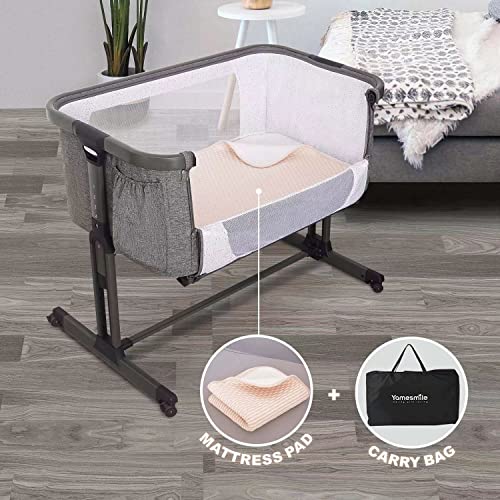 Yamesmile Baby Bassinets Bedside Sleeper Portable Crib Infant Inclined Cosleeper with Mattress Pad and Carry Bag (Grey Frame)