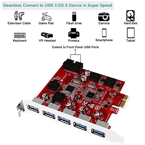 FebSmart 7-Ports Superspeed 5Gbps USB 3.0 PCI Express (PCIe) Expansion Card-5 Ports USB-A and an 19Pin USB 3.0 Header-Build in Self-Powered Technology-No Need Additional Power Supply (FS-U7S-Pro)