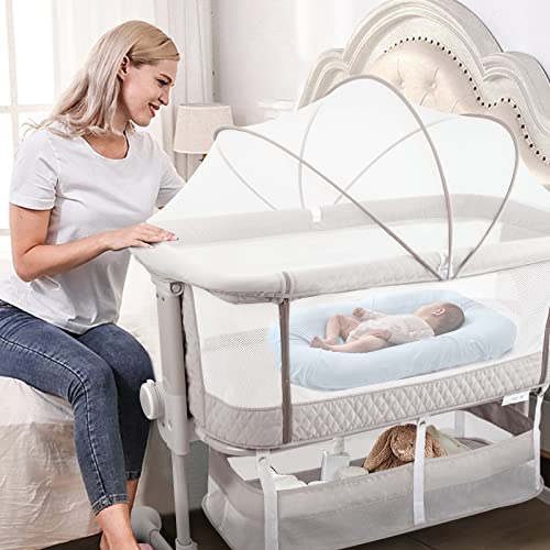 HAHASOLE Baby Bassinet Bedside Sleeper, 3 in 1 Bedside Crib with Detachable Mosquito Net, Portable Baby Nursery Bed with Mattress, Bedside Sleeper with 6 Height Adjustable & 2 Baby Bassinet Sheets
