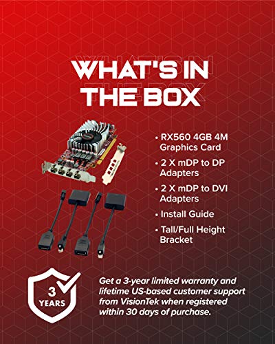VisionTek Radeon RX 560 4GB GDDR5 4M 4K Graphics Card, 4 Mini DisplayPort, 7.1 Surround Sound, PCI Express, Low-Profile GPU, ATX & SFF (901278)