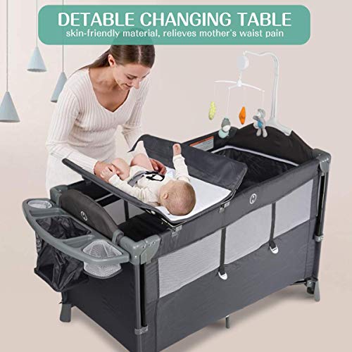 Lovinouse 5 in 1 Baby Bassinet Bedside Sleeper Bed Side Crib with Mattress, Diaper Changer and Hanging Toys, Portable Travel Crib for Girl Boy Infant Newborn (Dark Grey)