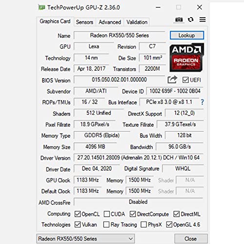 SAPLOS Radeon RX 550 4GB Graphics Card, GDDR5 128-bit, Dual Air Cooling, DisplayPort DVI-D HDMI, Video Card for PC, Computer Gaming GPU, 4K Display Support, Low Power, Plug & Play, DirectX 12