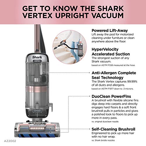 Shark AZ2002 Vertex Powered Lift-Away Upright Vacuum with DuoClean PowerFins, Self-Cleaning Brushroll, Large Dust Cup, Pet Crevice Tool, Dusting Brush & Self-Cleaning Pet Power Brush, Silver/Rose Gold