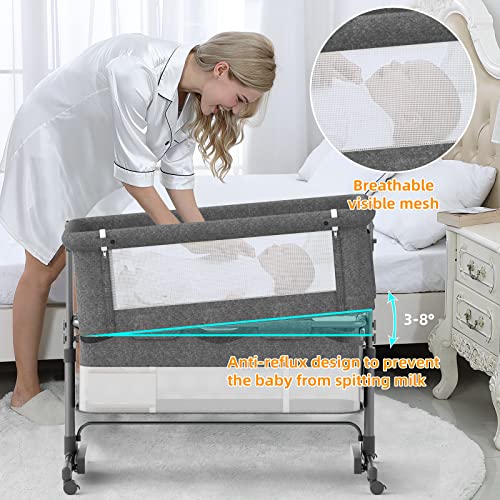 XJD Baby Bassinets Bedside Sleeper Portable Baby Crib for Toddler with Storage Basket Easy Folding Bedside Crib with Breathable Mattress Adjustable Height for Newborn Infant Baby Boy Baby Girl(Grey)