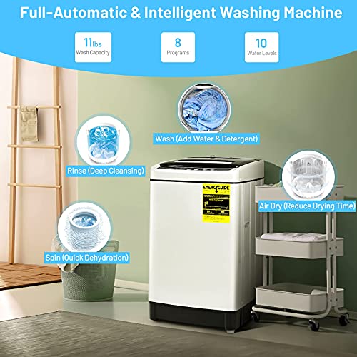 COSTWAY Portable Washing Machine, 11Lbs Capacity Full-automatic Washer with 8 Wash Programs, LED Display, 10 Water Levels, Compact Laundry Washer and Dryer Combo for Apartment, Dorm (White)