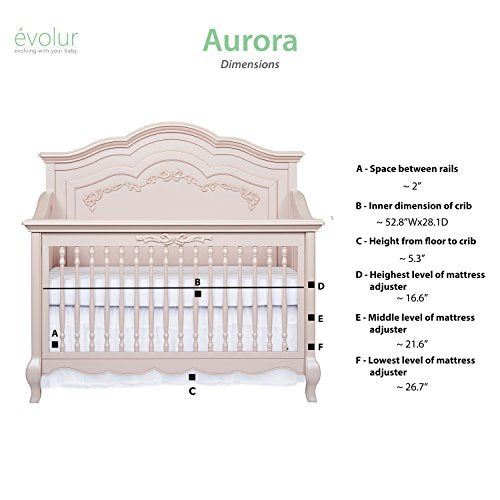 Evolur Aurora 5-in-1 Convertible Crib, Dusty Rose, Greenguard Gold Certified