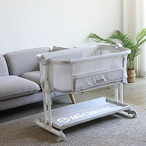 Miclassic Baby Bassinet Bedside Sleeper Crib, Mesh Breathable Net, Portable and Folding Design, Adjustable Height with Storage Basket and Wheels for Newborn, Infant and Baby (Light Grey)
