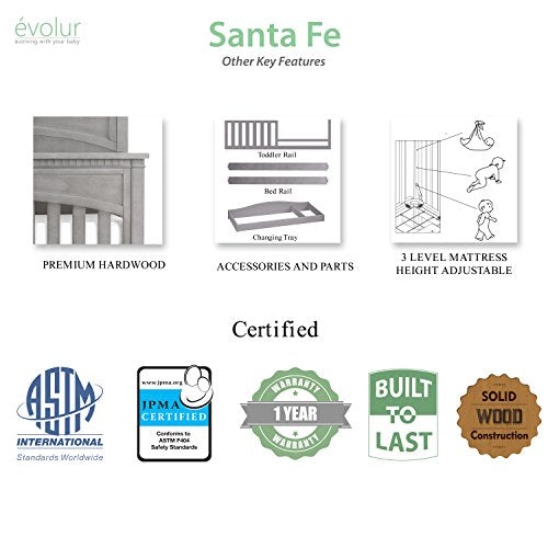 Evolur Santa Fe 5-in-1 Convertible Crib, Storm Grey