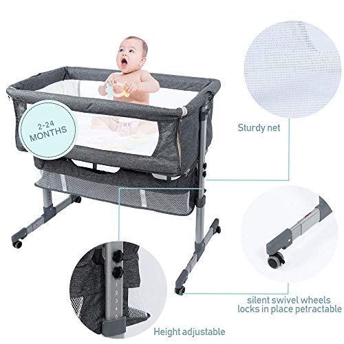 Bedside Sleeper Bedside Crib, Baby Bassinet 3 in 1 Travel Baby Crib,Bedside Bassinet co Sleeper with Breathable Net,Infant Bassinet for Bed (Gray)