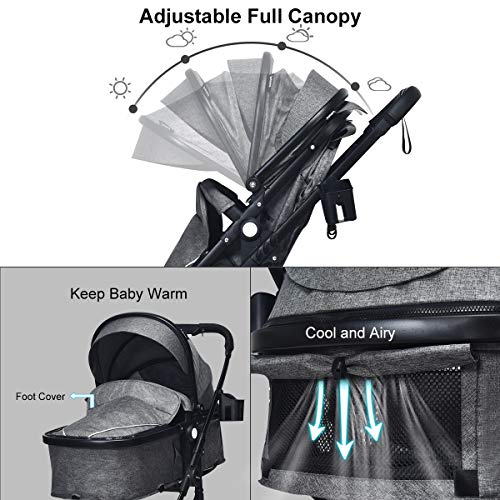 INFANS Baby Stroller for Newborn, 2 in 1 High Landscape Convertible Reversible Bassinet Pram for Infant & Toddler, Foldable Aluminum Alloy Pushchair with Adjustable Backrest, 3D Suspension (Grey)