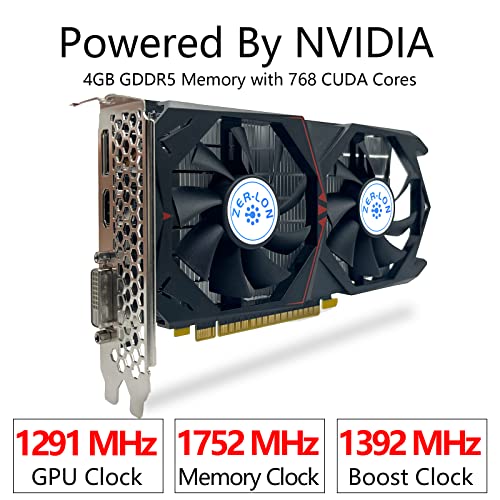 ZER-LON GeForce GTX 1050 Ti Graphics Card, 4GB 128-Bit GDDR5 PCI Express 3.0 x16, DVI-D/HDMI/DP Tri-Ports, G-Sync, GPU Boost, DirectX 12, Gaming Video Card, Desktop PC GPU with Dual Cooling Fans