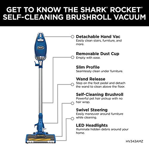 Shark HV343AMZ Rocket Corded Stick Vacuum with Self-Cleaning Brushroll, Lightweight & Maneuverable, Perfect for Pet Hair Pickup, Converts to a Hand Vacuum, with Crevice & Upholstery Tools, Blue/Silver