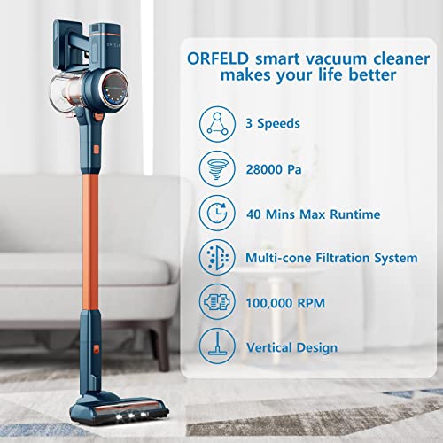 Cordless Vacuum Cleaner - ORFELD 28000Pa Powerful Suction Stick Vacuum with LED Display,Rechargeable,5 in 1 Self-Standing 40 Mins Runtime,3 Cleaning Modes,for Carpet Hard Floor Pet Hair,B08