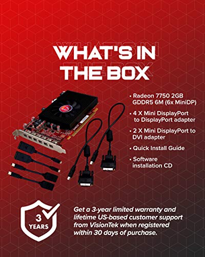 VisionTek Radeon 7750 2GB GDDR5 6 4k Monitor Graphics Card, 6 Mini DisplayPort Outputs, AMD Eyefinity 2.0, PCI Express 3.0 Video Card, 7.1 Surround Sound (900614)