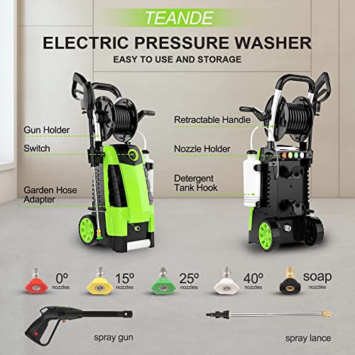 Power Washer, TE3000 1.9GPM Pressure Washer 1800W Electric High Pressure Washer Professional Car Washer Cleaner Machine with Hose Reel ,5 Nozzles for Patio Garden Yard Vehicle