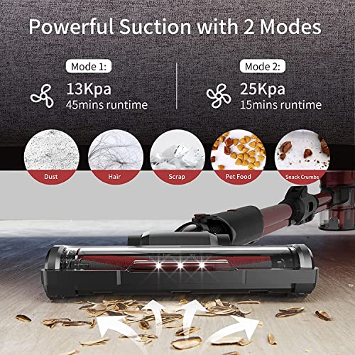 Cordless Stick Vacuum, 25Kpa Powerful Suction Vacuum Cleaner 45min Long Rumtime with 250W Motor Cordless Vacuum for Hard Floor Carpet