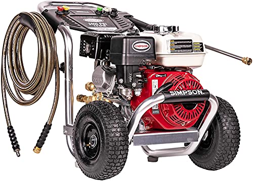 SIMPSON Cleaning Cleaning ALH3228-S Powered 3400 PSI Gas Pressure Washer, 2.5 GPM, HONDA GX200 Engine, Includes Spray Gun and Extension Wand, 5 QC Nozzle Tips, 5/16-inch x 25-foot Monster Hose, Red