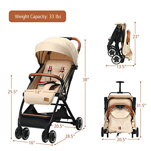 BABY JOY Lightweight Baby Stroller, Compact Toddler Travel Stroller for Airplane, Infant Stroller w/ 5-Point Harness, Adjustable Backrest/Footrest/Canopy, Storage Basket, Easy One-Hand Fold, Beige