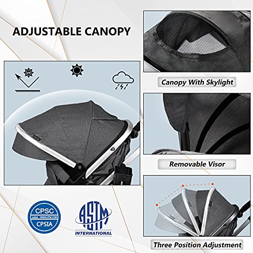 Kinder King 2 in 1 Convertible Baby Stroller, Folding High Landscape Infant Carriage, Newborn Reversible Bassinet Pram, Adjustable Canopy, Diaper Bag, Anti-Shock Toddler Pushchair Stroller, Dark Grey