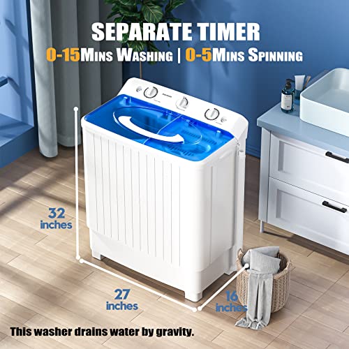 Auertech Portable Washing Machine, 28lbs Mini Twin Tub Washer Compact Laundry Machine with drain dump, Time Control, Semi-automatic 18lbs Washer 10lbs Spinner for Dorms, Apartments, RVs