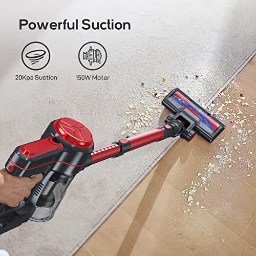 Cordless Vacuum Cleaner, EICOBOT A10 Red High Efficiency Stick Vacuum with 30min Long Runtime Detachable Battery, 4 in 1 Lightweight Quiet Vacuum Cleaner Perfect for Hardwood Floor Pet Hair Red