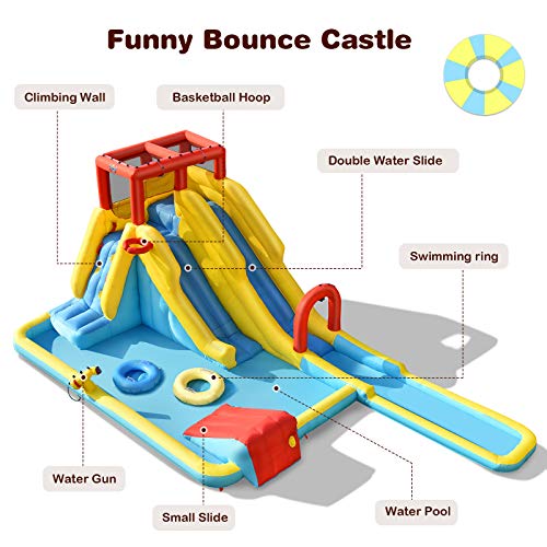 BOUNTECH Inflatable Water Slide, 7 in 1 Double Long Slide Giant Water Park with Climbing Wall, Swimming Pool, Basketball Rim, Water Gun, Water Slides Inflatables for Kids and Adults Outdoor Backyard