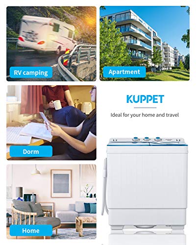 KUPPET Compact Twin Tub Portable Mini Washing Machine 26lbs Capacity, Washer(18lbs)&Spiner(8lbs)/Built-in Drain Pump/Semi-Automatic (White&Blue)