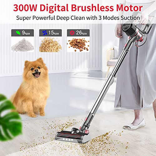 Cordless Vacuum Cleaner, 300W Brushless Motor with 26Kpa Powerful Suction Stick Vacuum, Up to 45Mins Max Runtime Detachable Battery