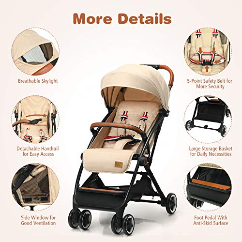 BABY JOY Lightweight Baby Stroller, Compact Toddler Travel Stroller for Airplane, Infant Stroller w/ 5-Point Harness, Adjustable Backrest/Footrest/Canopy, Storage Basket, Easy One-Hand Fold, Beige