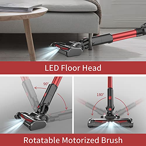 Vacuum Cleaner Cordless Stick Vacuum Cleaner with 280W Motor 25Kpa Suction，5 in 1 Floor Vacuum Cleaner 45 Mins Runtime, for Pet Hair/Snack Crumbs/Sofa Gap/Carpet/Hardwood Floor (Red-25Kpa)