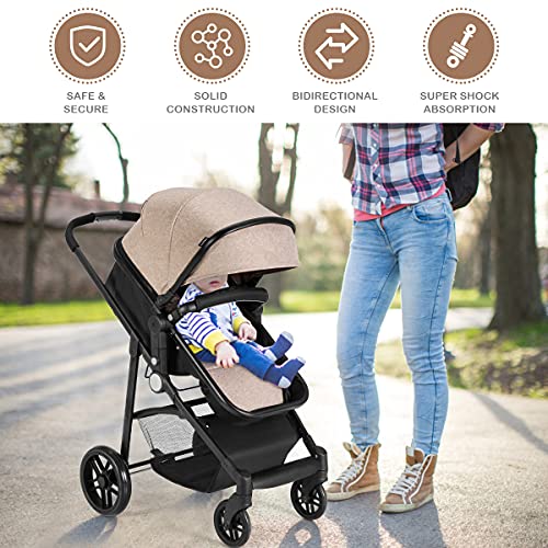 HONEY JOY Baby Stroller, High Landscape Convertible Infant Bassinet Stroller, Adjustable Canopy & Backrest, Storage Basket, Cup Holder, Foldable Newborn Carriage Pram Stroller (Coffee)
