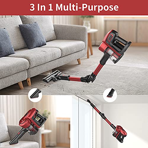 Vacuum Cleaner Cordless Stick Vacuum Cleaner with 280W Motor 25Kpa Suction，5 in 1 Floor Vacuum Cleaner 45 Mins Runtime, for Pet Hair/Snack Crumbs/Sofa Gap/Carpet/Hardwood Floor (Red-25Kpa)